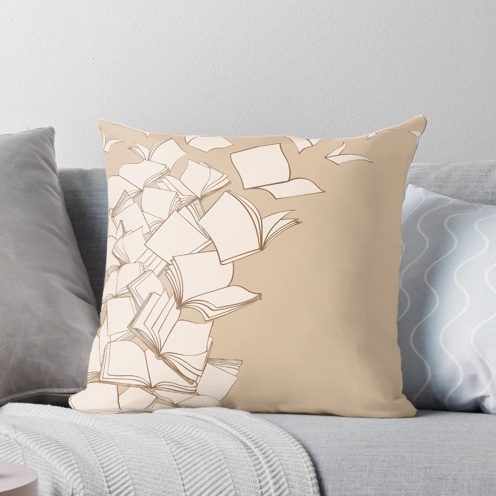 Plush pillow with a stack of books and flying birds, ideal for book lovers