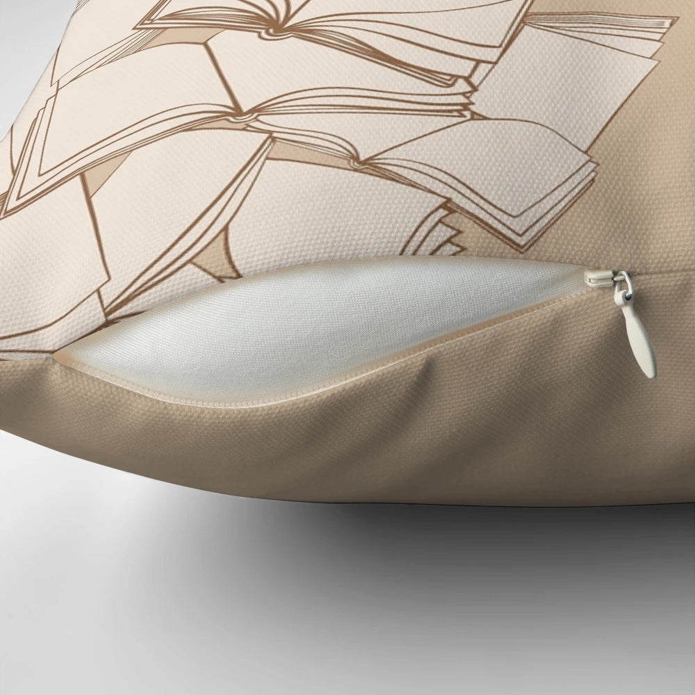 Plush pillow with a stack of books and flying birds, ideal for book lovers
