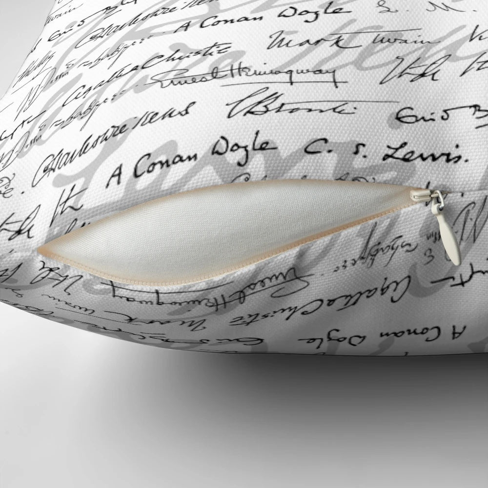Plush pillow featuring a literary giants pattern, perfect for book lovers and bibliophiles.