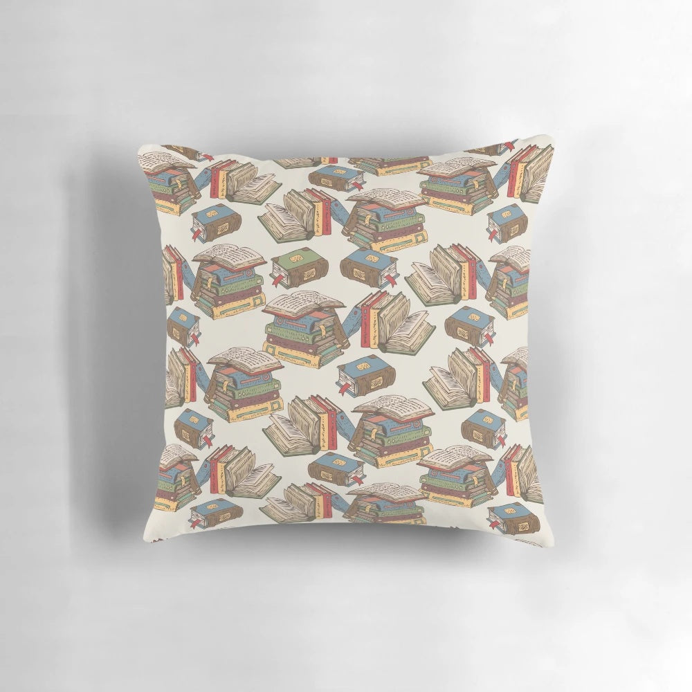 A plush and comfortable book-themed pillow with a seamless pattern of retro book pages and covers.