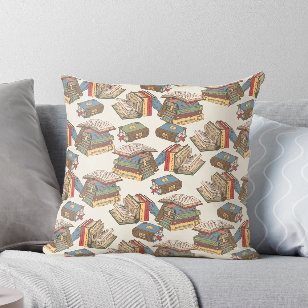 A plush and comfortable book-themed pillow with a seamless pattern of retro book pages and covers.