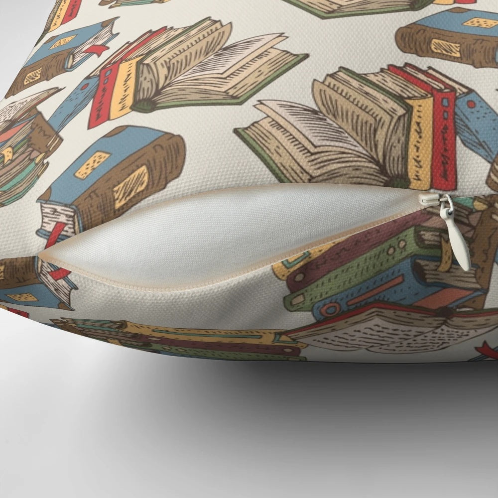 A plush and comfortable book-themed pillow with a seamless pattern of retro book pages and covers.