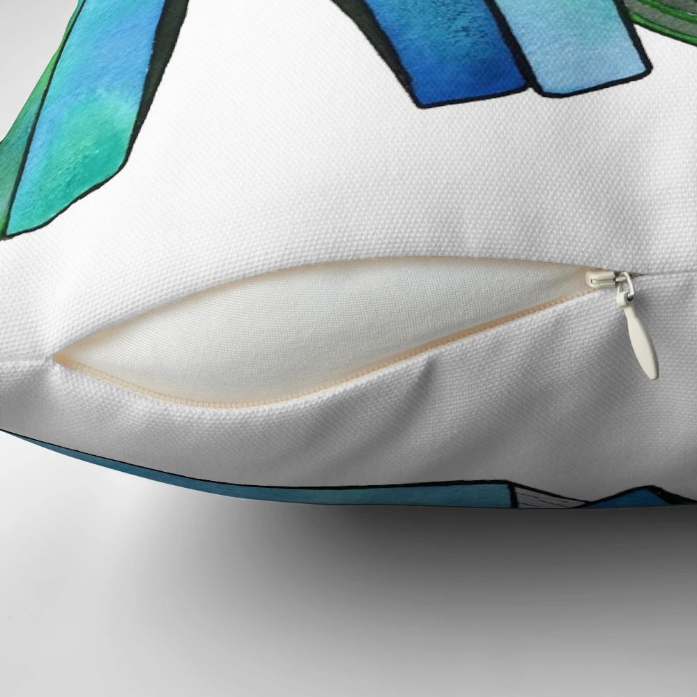 Blue Pillow with book and cat graphics, perfect for literary naps and bookworm snuggles