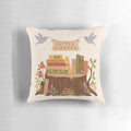 A plush, book-themed pillow with a charming "Little Library" design, perfect for book lovers and readers.