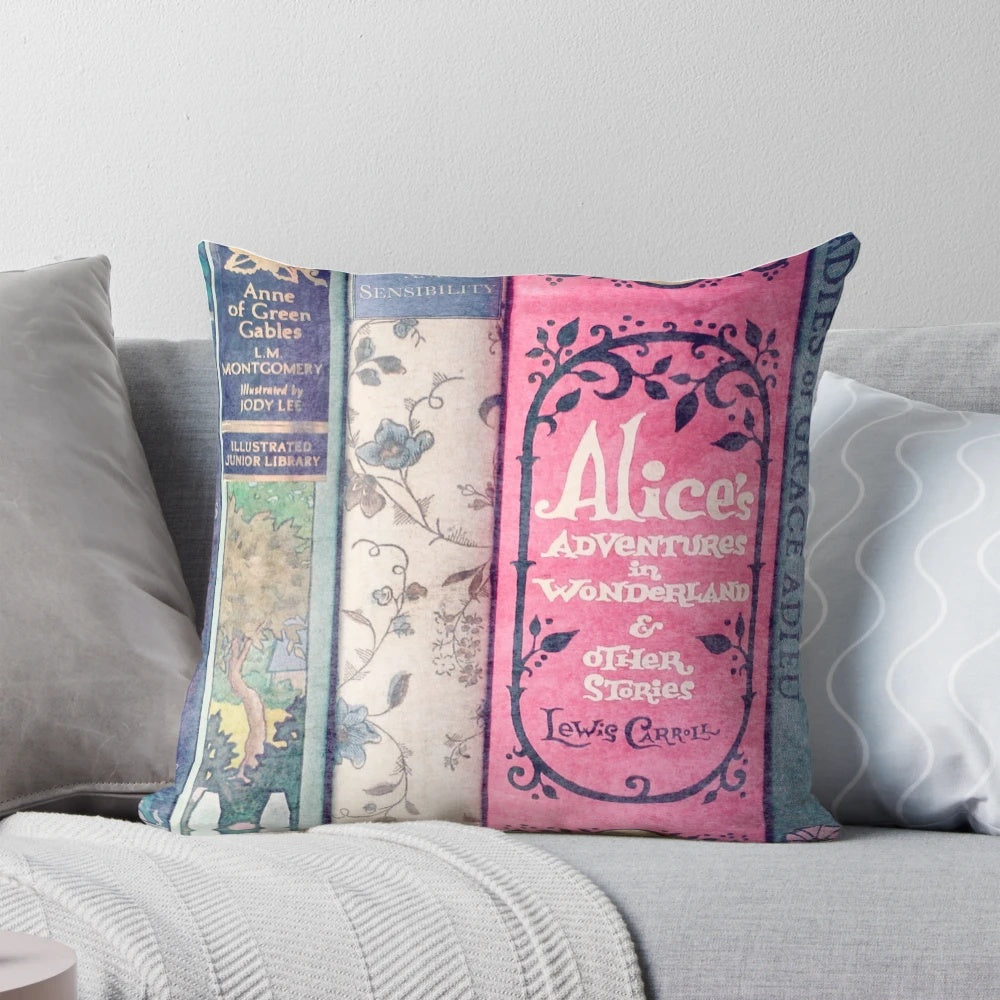 A plush, pink pillow with a literary design, perfect for book lovers and library decor.