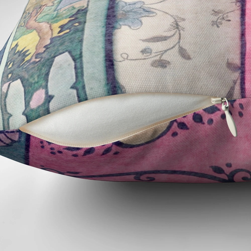 A plush, pink pillow with a literary design, perfect for book lovers and library decor.