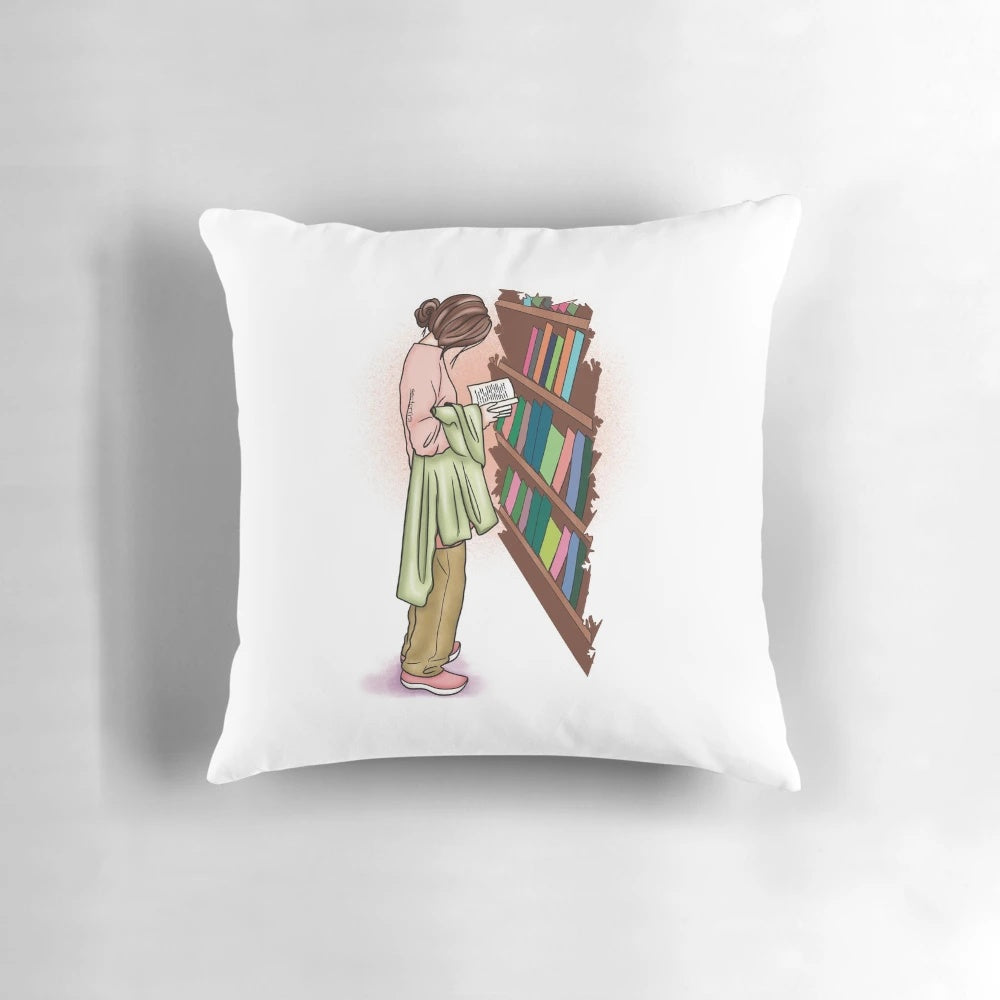 Illustrated pillow featuring a chic brunette girl reading a book, with the title "Literature My Utopia" and a literary, cozy aesthetic.
