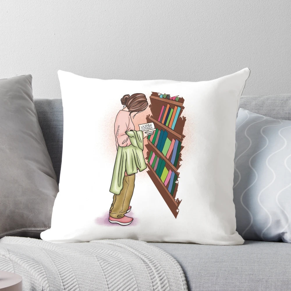 Illustrated pillow featuring a chic brunette girl reading a book, with the title "Literature My Utopia" and a literary, cozy aesthetic.