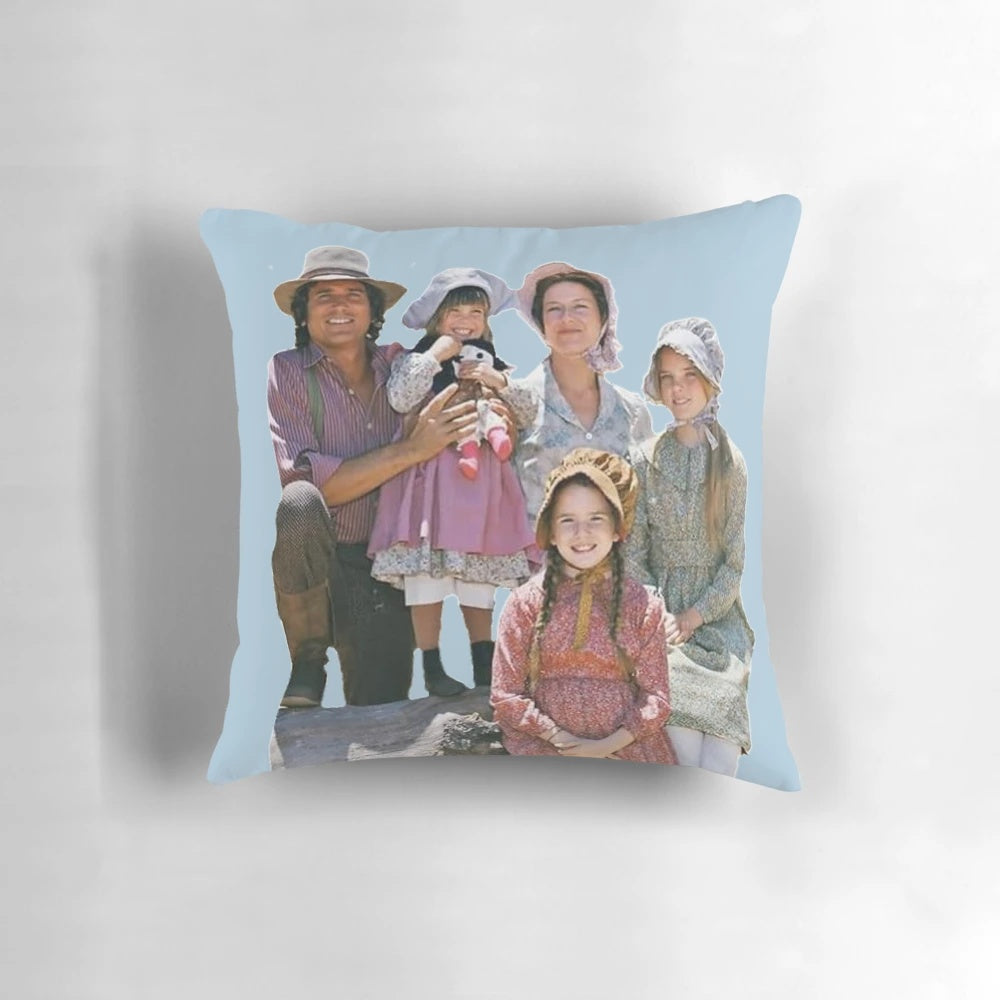 Soft, decorative pillow featuring the iconic "Little House on the Prairie" TV show characters and settings.