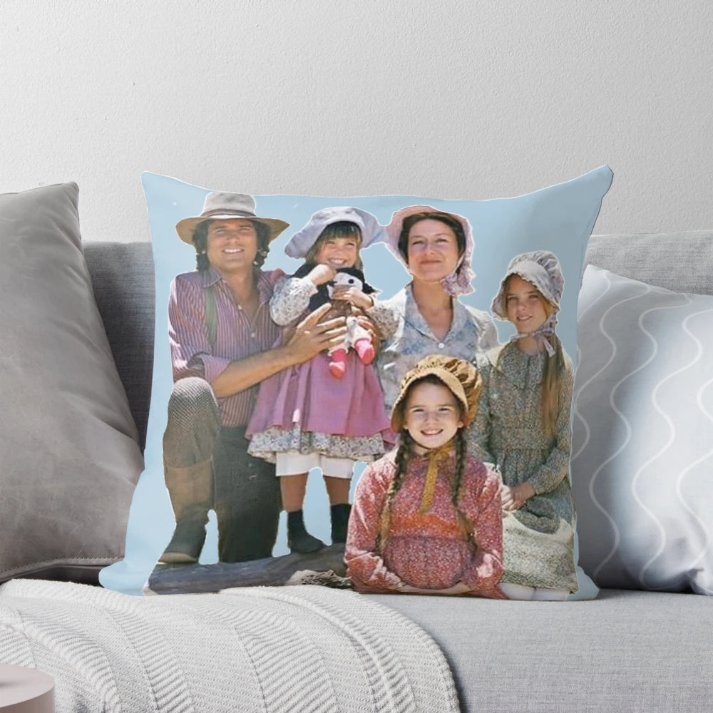 Soft, decorative pillow featuring the iconic "Little House on the Prairie" TV show characters and settings.