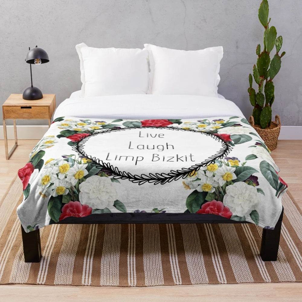 Live Laugh Love Plush Blanket with Limp Bizkit Inspired Floral Pattern