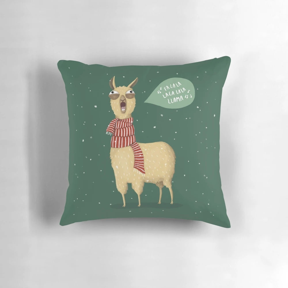 A soft, plush llama-shaped throw pillow in a festive winter setting.