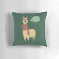 A soft, plush llama-shaped throw pillow in a festive winter setting.