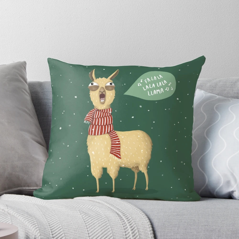 A soft, plush llama-shaped throw pillow in a festive winter setting.