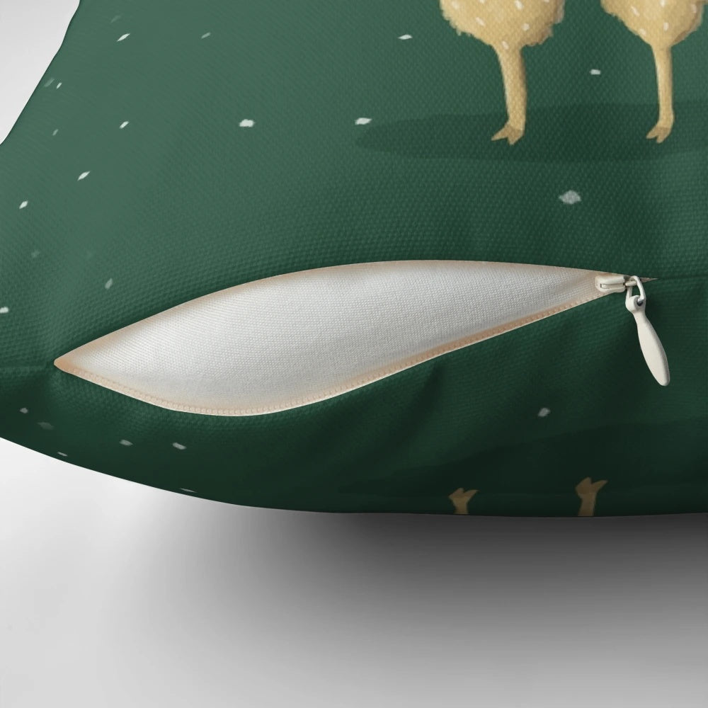 A soft, plush llama-shaped throw pillow in a festive winter setting.