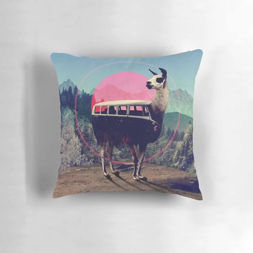 Soft, plush llama pillow with a collage-style graphic design