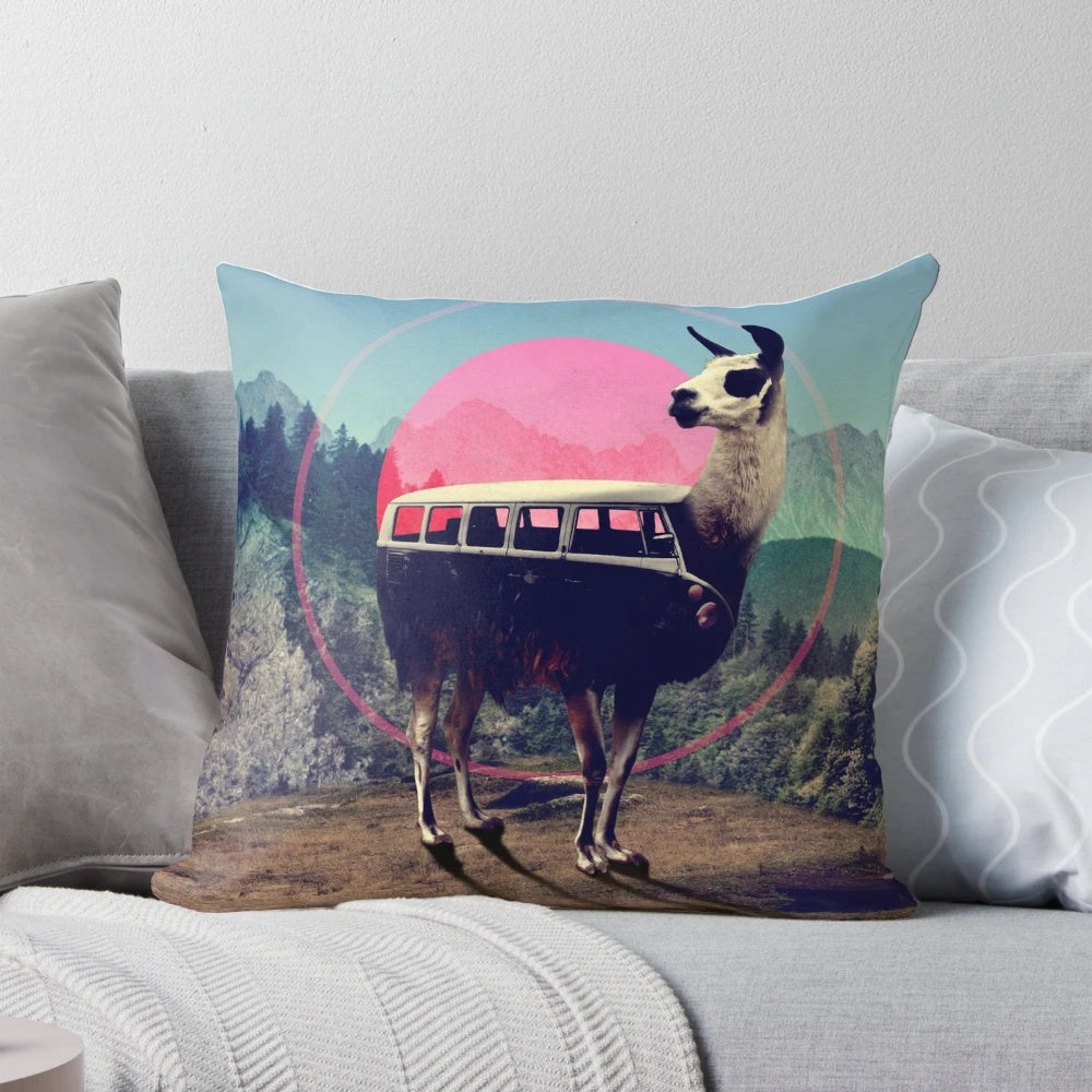 Soft, plush llama pillow with a collage-style graphic design