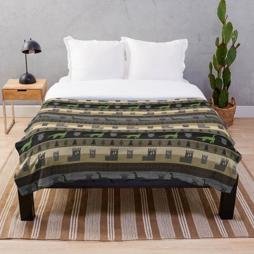 Loch Ness Fair Isle plush blanket featuring a mythical creature design
