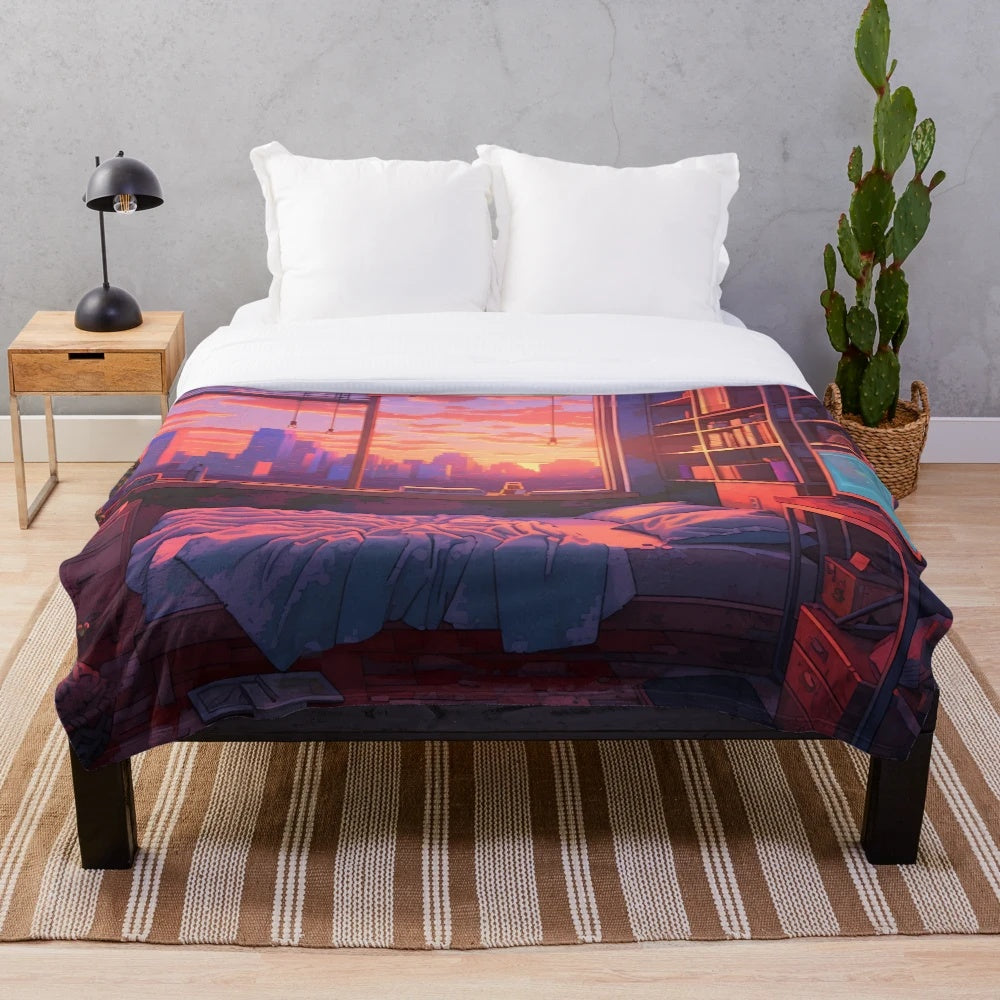 Lofi aesthetic plush blanket with a messy bedroom and sunset scene