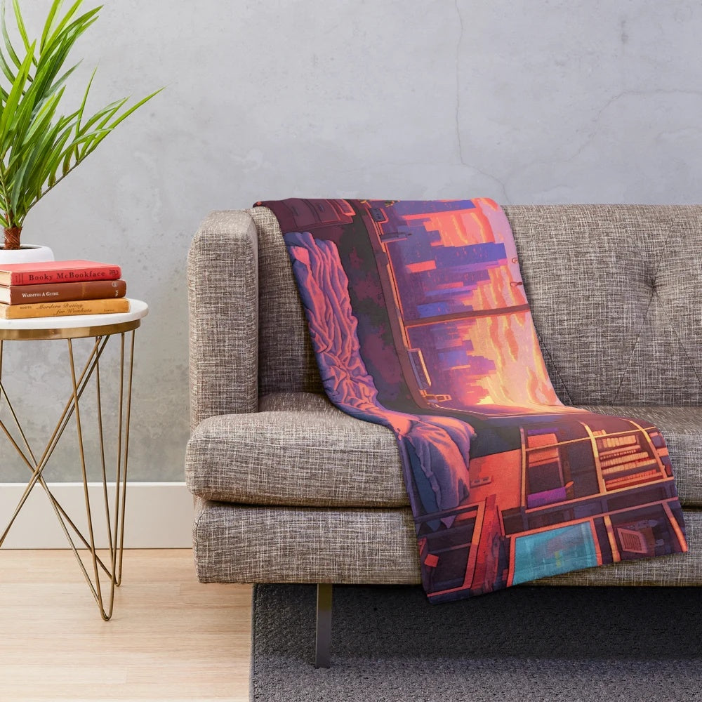 Lofi aesthetic plush blanket with a messy bedroom and sunset scene