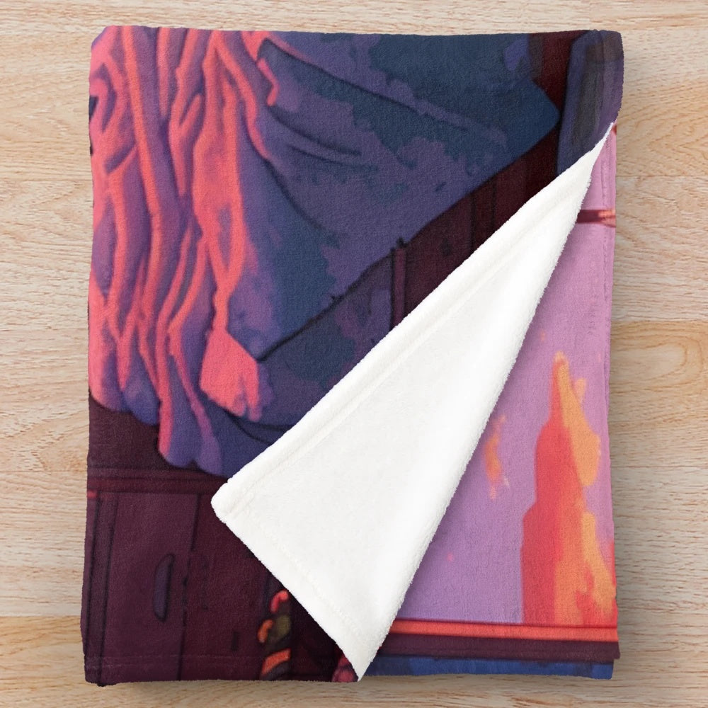 Lofi aesthetic plush blanket with a messy bedroom and sunset scene