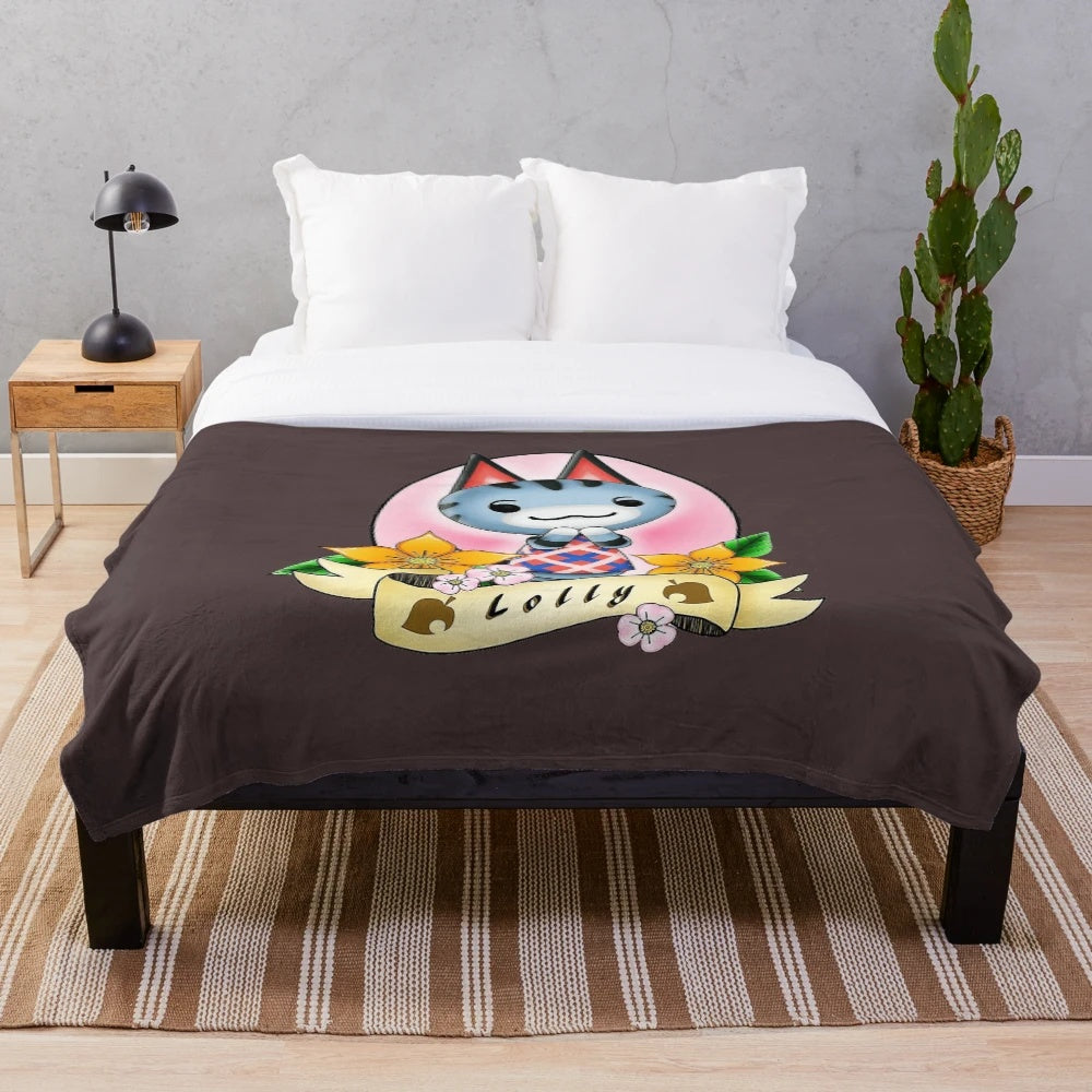 Soft and cuddly plush blanket featuring the beloved Animal Crossing character Lolly the cat in a cute cartoon style