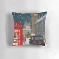 Festive London cityscape art printed on a plush accent pillow, featuring holiday elements like snowflakes and a snowy night sky