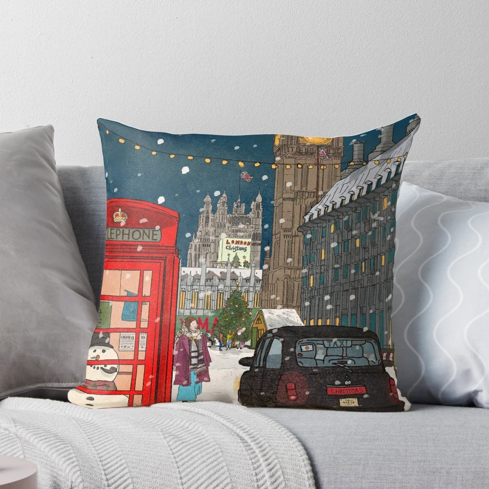 Festive London cityscape art printed on a plush accent pillow, featuring holiday elements like snowflakes and a snowy night sky