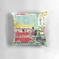 Colorful and whimsical London-themed pillow with images of Big Ben, double-decker buses, and other iconic landmarks.