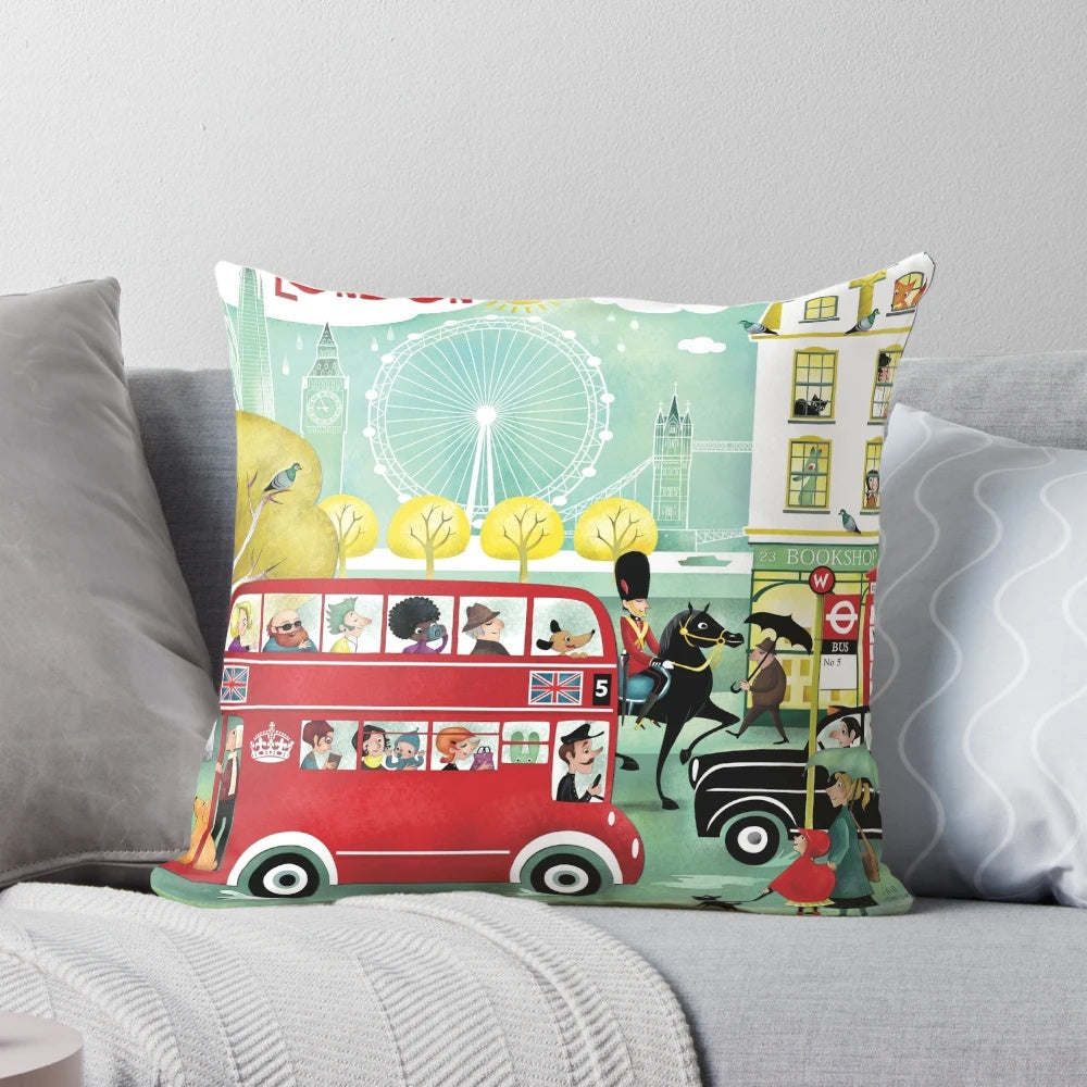 Colorful and whimsical London-themed pillow with images of Big Ben, double-decker buses, and other iconic landmarks.
