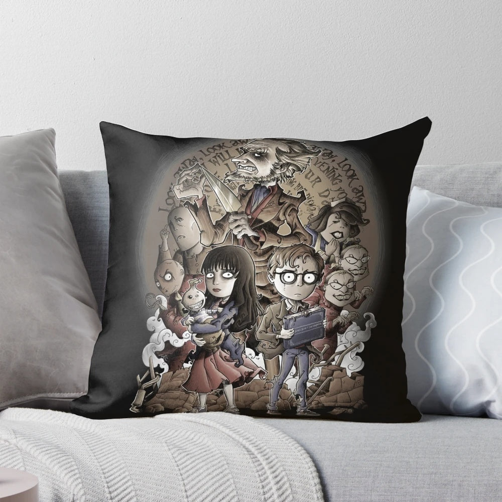 A plush, soft pillow featuring the iconic character Count Olaf from the popular series A Series of Unfortunate Events.