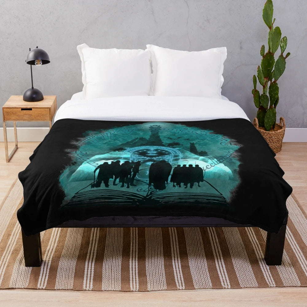 Lord of the Rings inspired plush blanket featuring characters and elements from the popular fantasy series