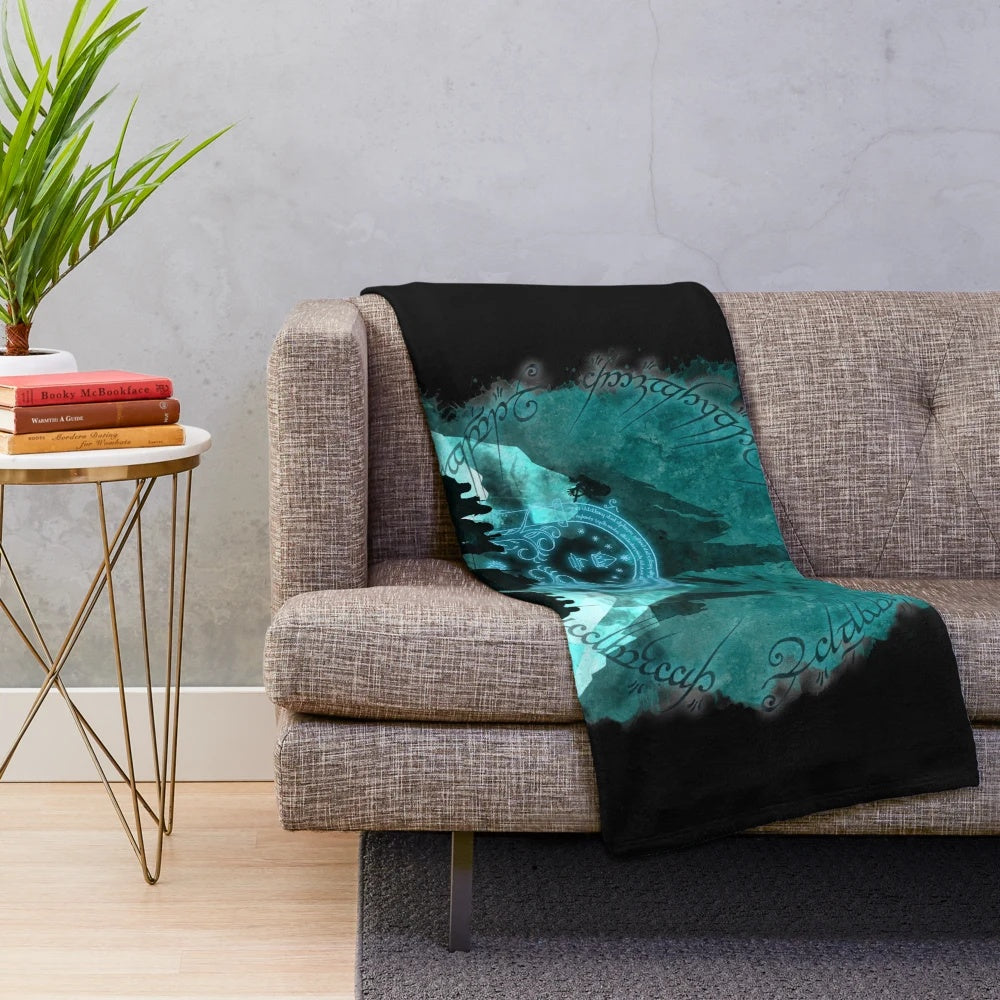 Lord of the Rings inspired plush blanket featuring characters and elements from the popular fantasy series