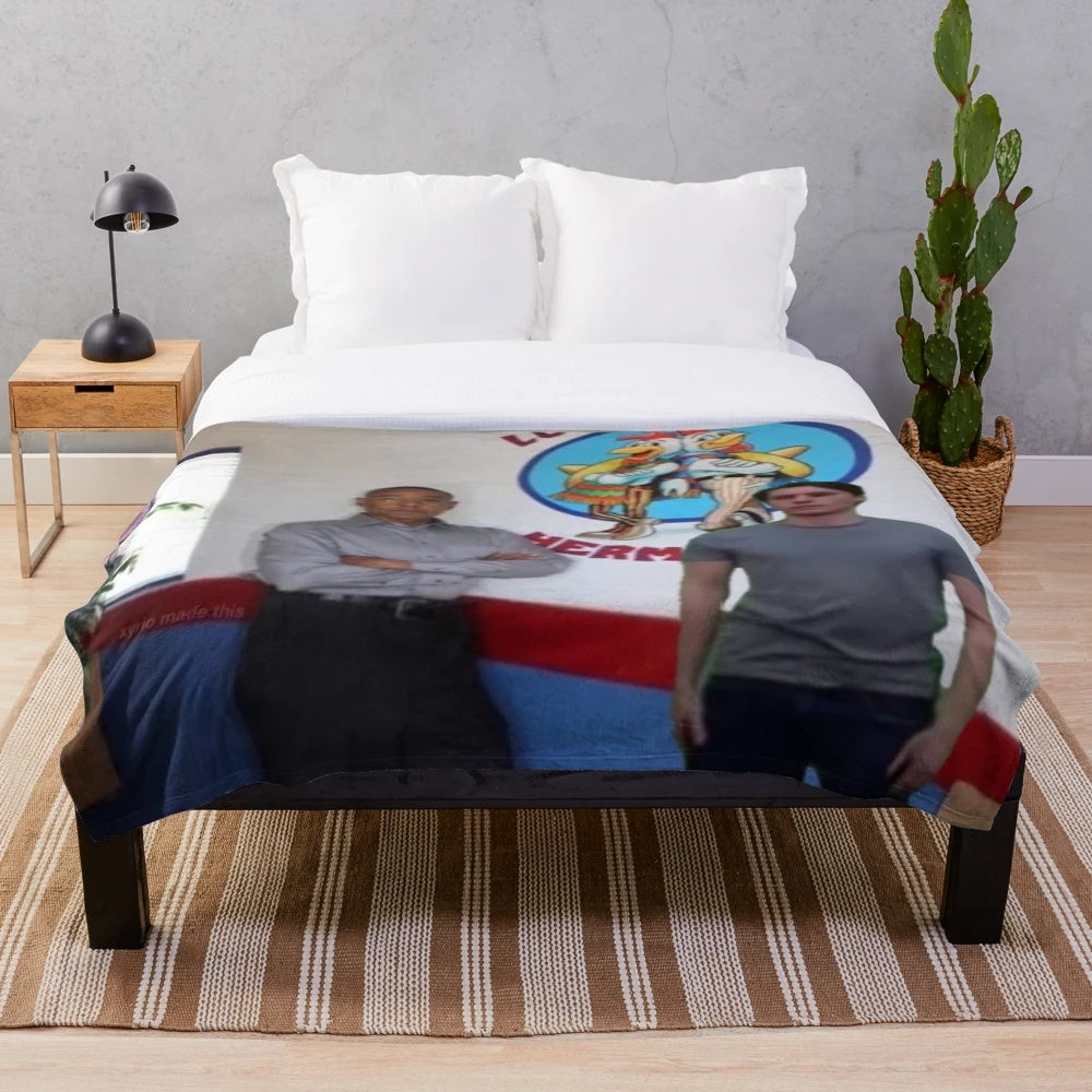 Plush blanket featuring the "Los Pollos Hermanos" logo and jerma meme elements
