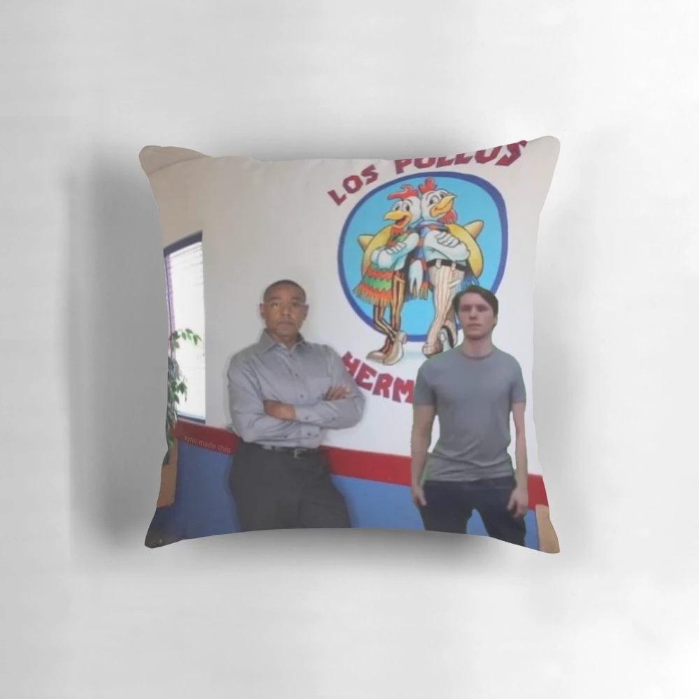A soft, plush pillow featuring the iconic 'Los Pollos Hermanos' logo, a nod to the popular Twitch streamer Jerma985 and meme culture.