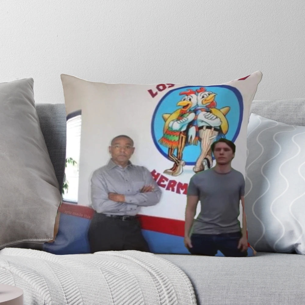 A soft, plush pillow featuring the iconic 'Los Pollos Hermanos' logo, a nod to the popular Twitch streamer Jerma985 and meme culture.