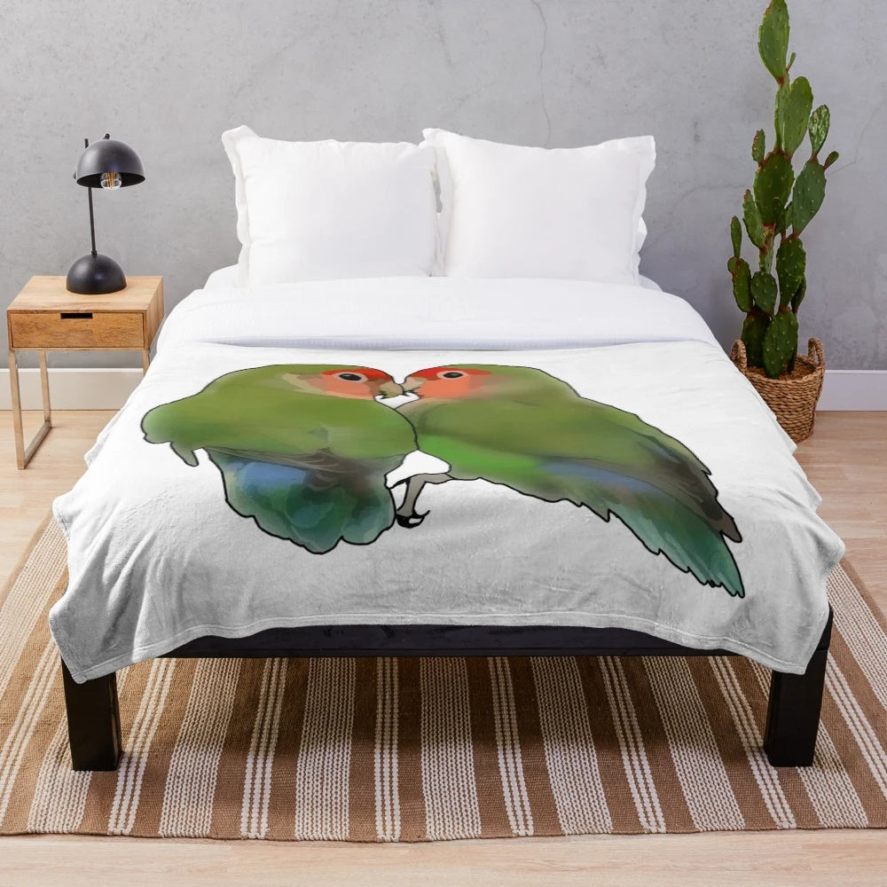 Green lovebirds cuddling on a plush blanket