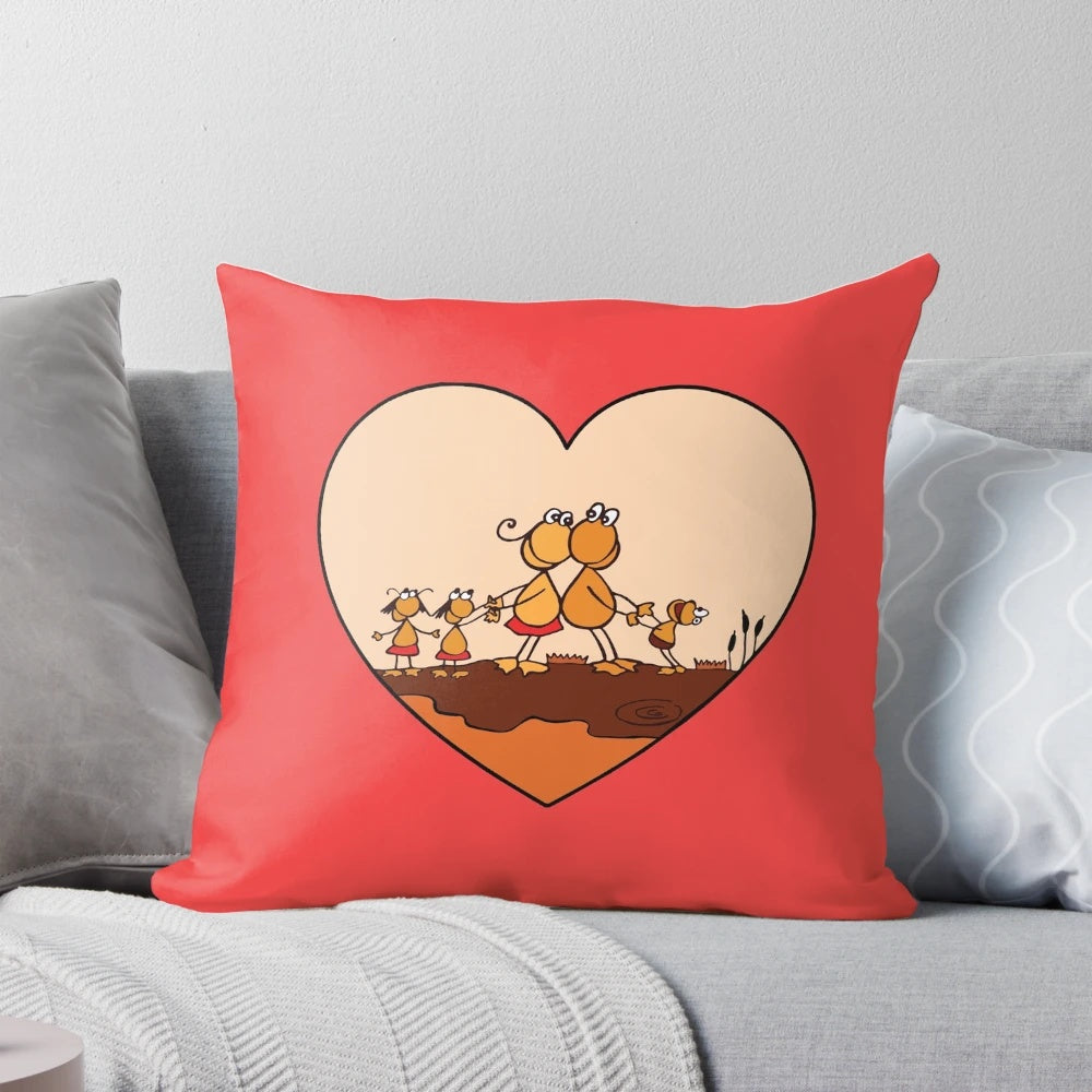 A plush pillow featuring a loving family of adorable frogs, perfect for home decor.