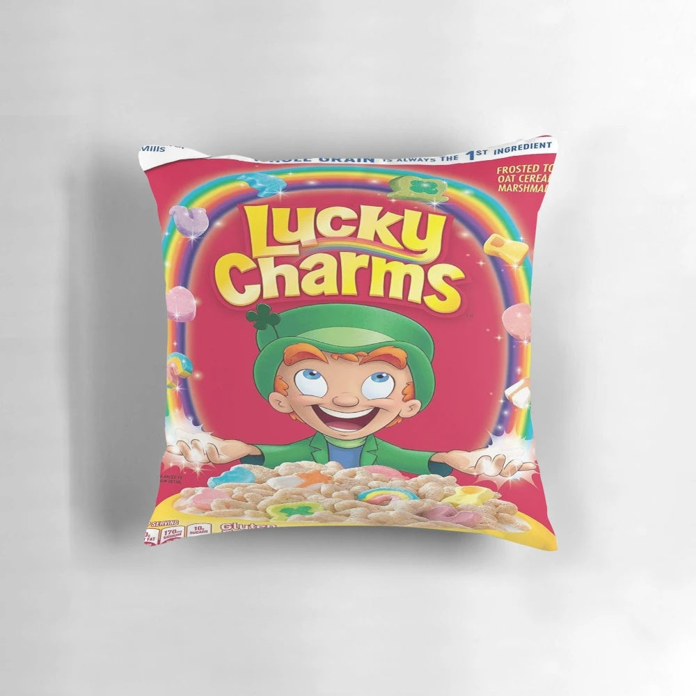 Plush lucky charms cereal-themed pillow for cozy, cute home decor