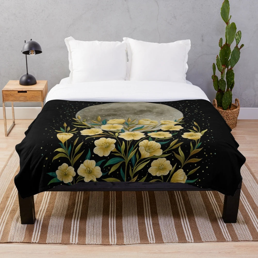 Plush blanket with evening primrose botanical and lunar eclipse design