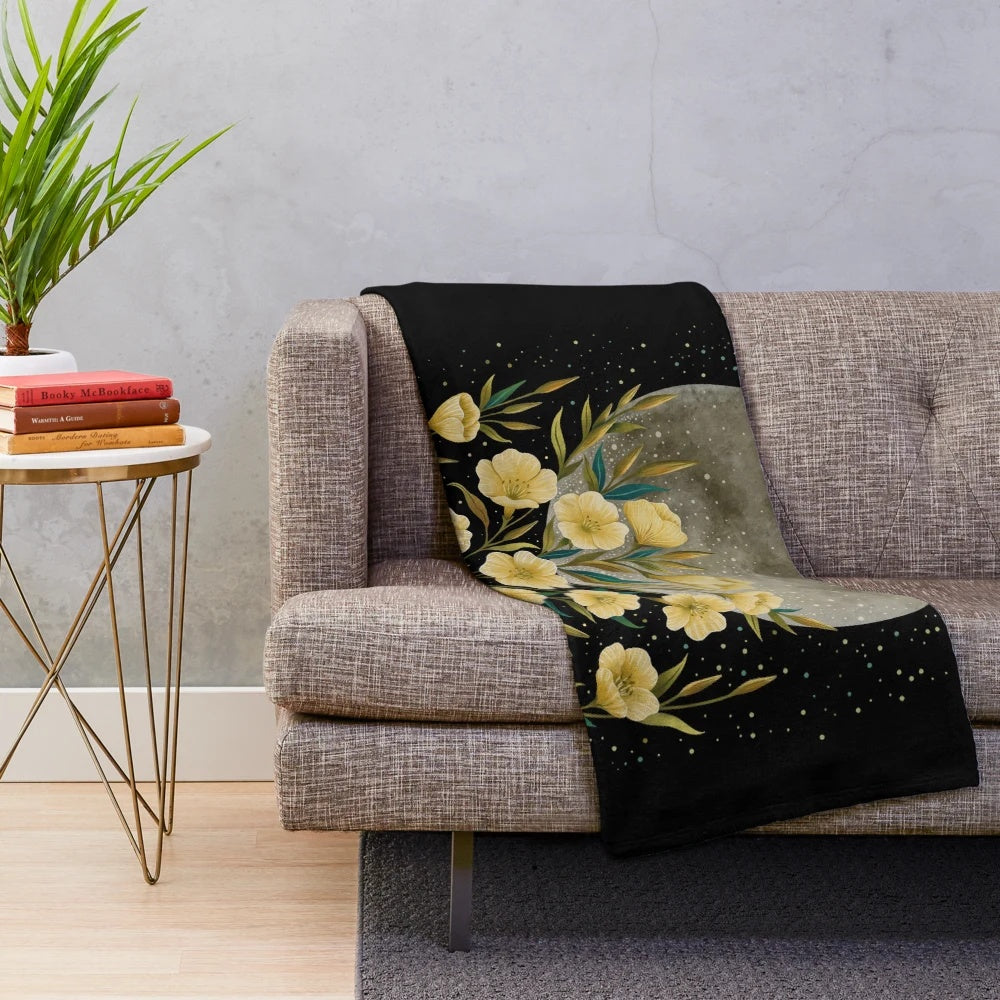 Plush blanket with evening primrose botanical and lunar eclipse design