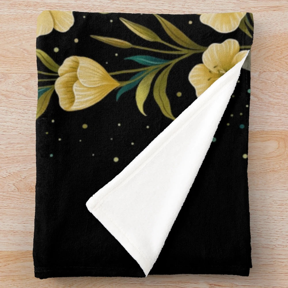 Plush blanket with evening primrose botanical and lunar eclipse design