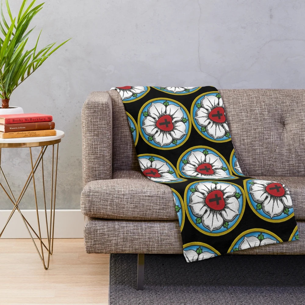 Plush blanket featuring the Luther Rose, a Christian symbol associated with Lutheranism