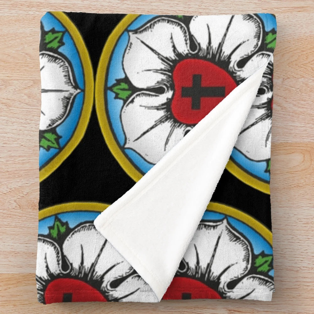 Plush blanket featuring the Luther Rose, a Christian symbol associated with Lutheranism