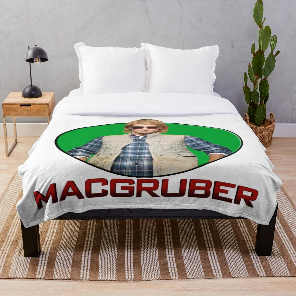 Macgruber-themed plush blanket featuring the iconic character