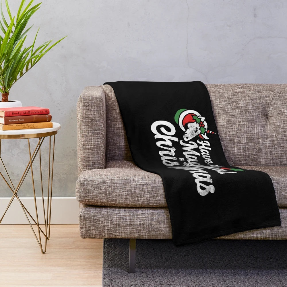 Magical Christmas plush blanket featuring a unicorn and retro design