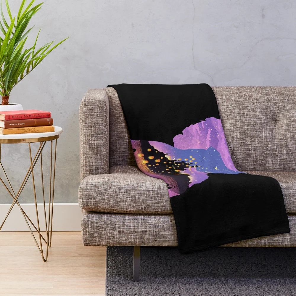 Soft and plush blanket featuring a magical tower and princess-inspired landscape