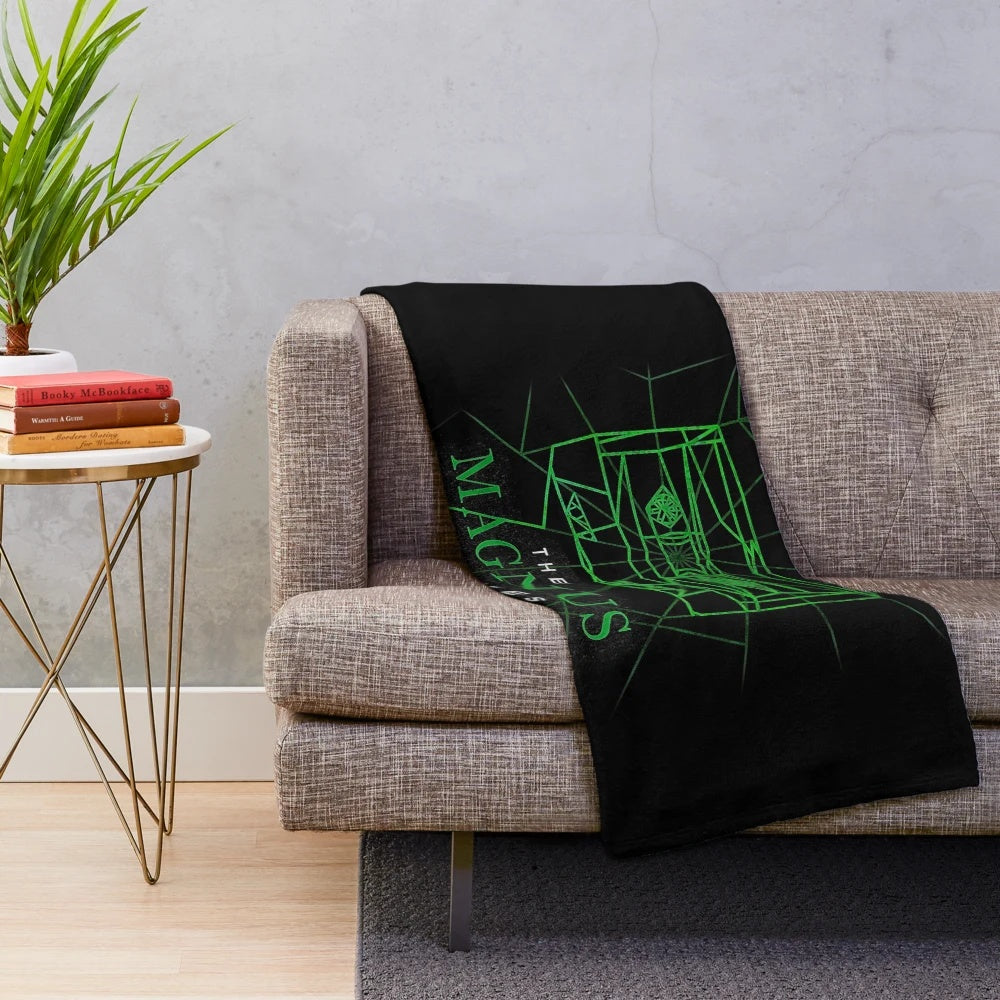 Magnus Archives inspired plush blanket featuring the Magnus Archives logo and characters