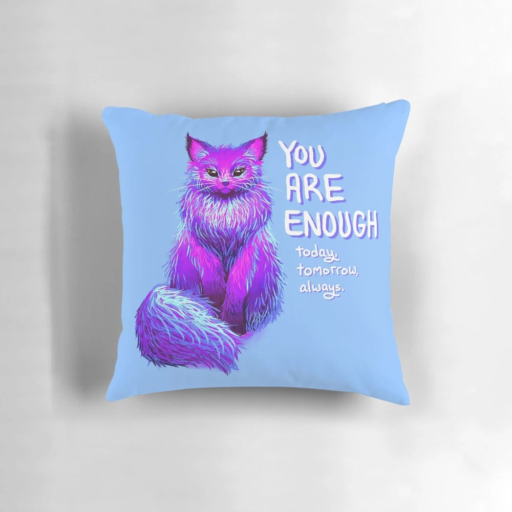 Soft, fluffy Maine Coon cat pillow with the message "YOU ARE ENOUGH" for self-love and mental health support.