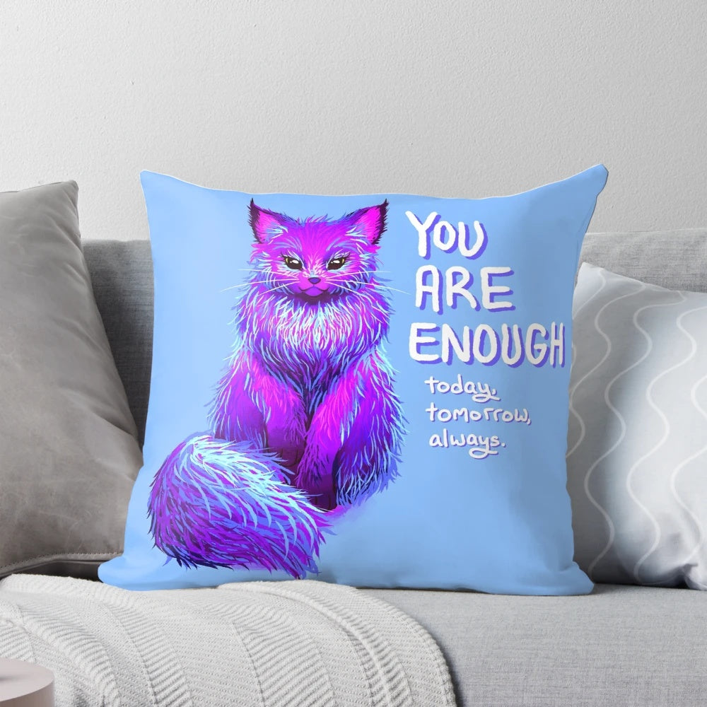 Soft, fluffy Maine Coon cat pillow with the message "YOU ARE ENOUGH" for self-love and mental health support.